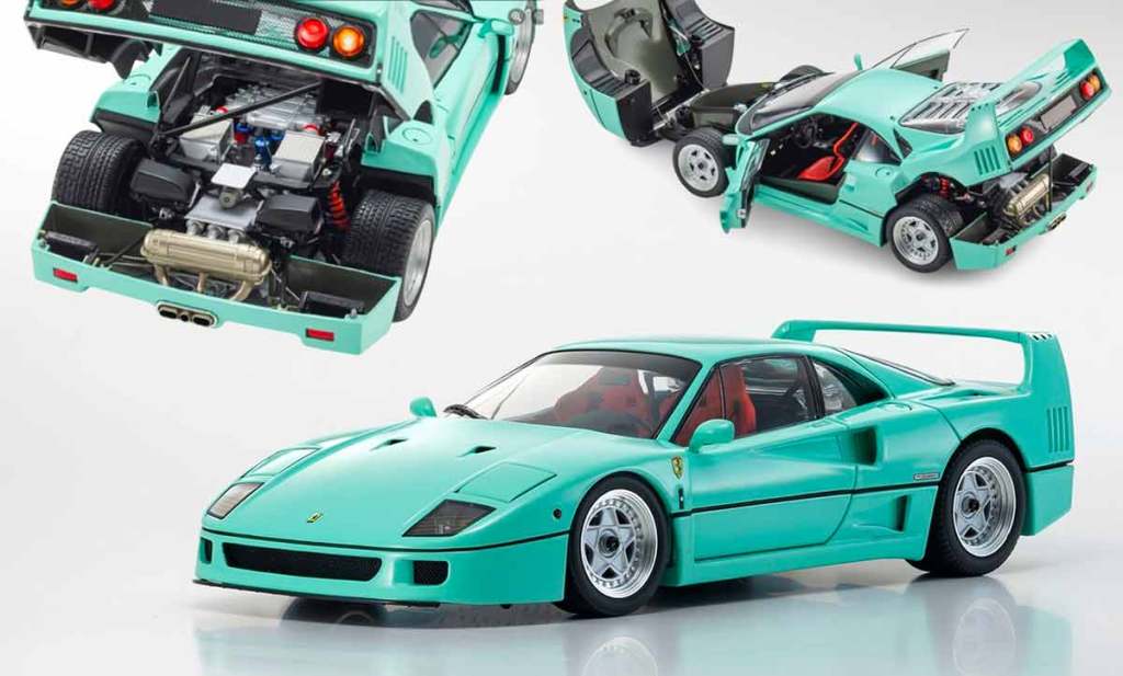 Ferrari F40 vert menthe de Kyosho à l'échelle 1/18 vue sous 3 angles
