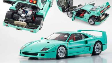Ferrari F40 vert menthe de Kyosho à l'échelle 1/18 vue sous 3 angles