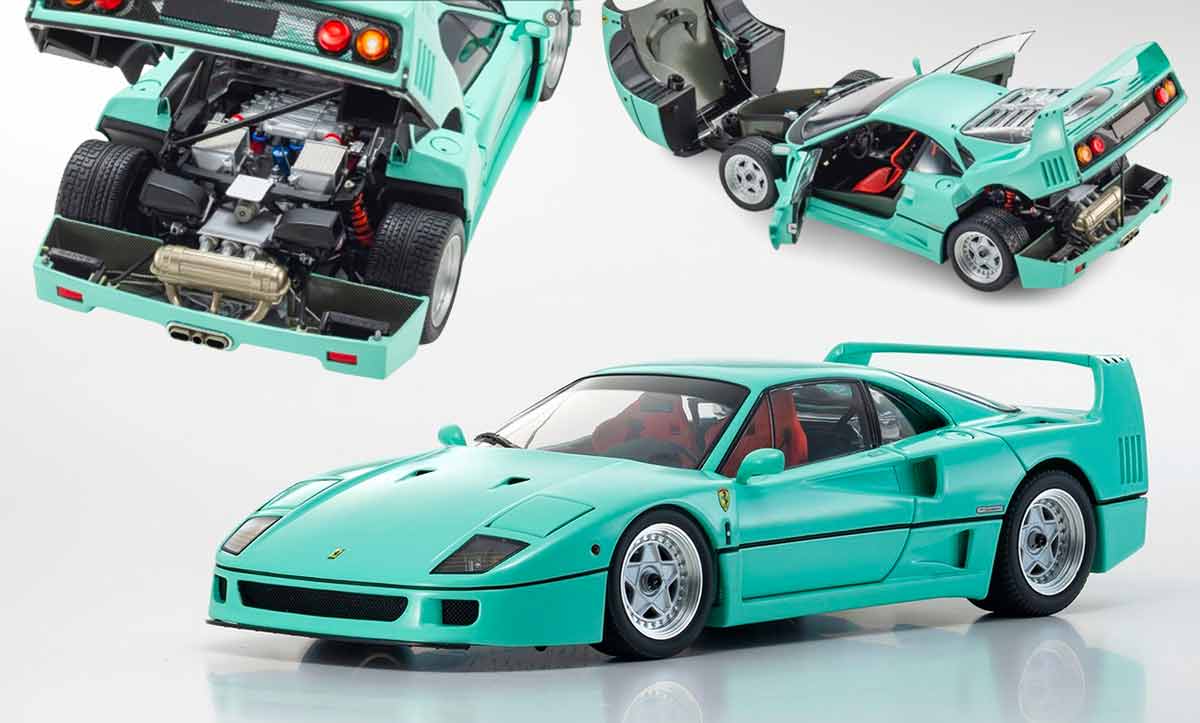 Ferrari F40 vert menthe de Kyosho à l'échelle 1/18 vue sous 3 angles