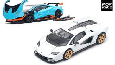Lamborghini Countach LPI 800-4 blanche et Lamborghini Huracan STO bleue à l'échelle 1/64 du fabricant Pop Race