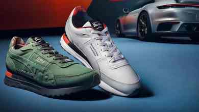 Chaussures de sport développées en collaboration entre Porsche et Puma, avec une Porsche 911 Turbo en arrière-plan