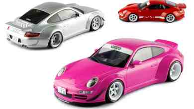 Porsche 911 (997) RWB à l'échelle 1/18, du fabricant IXO, disponible en rouge, rose et gris clair