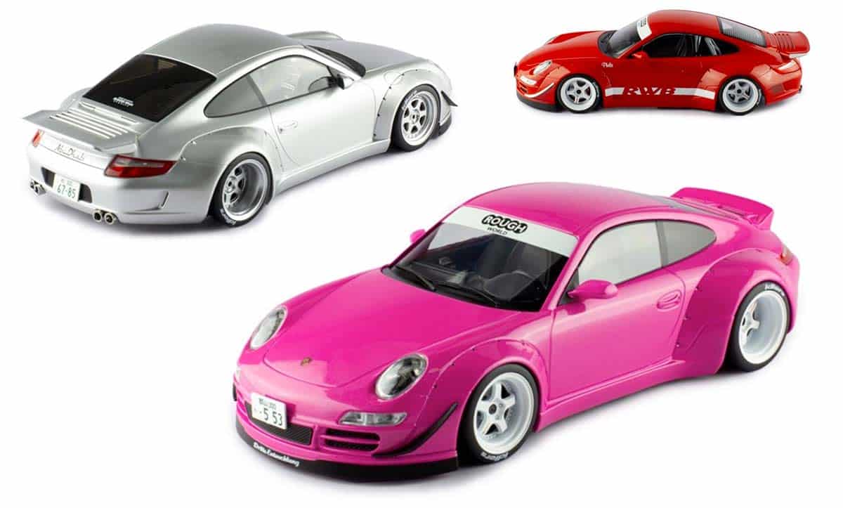Porsche 911 (997) RWB à l'échelle 1/18, du fabricant IXO, disponible en rouge, rose et gris clair