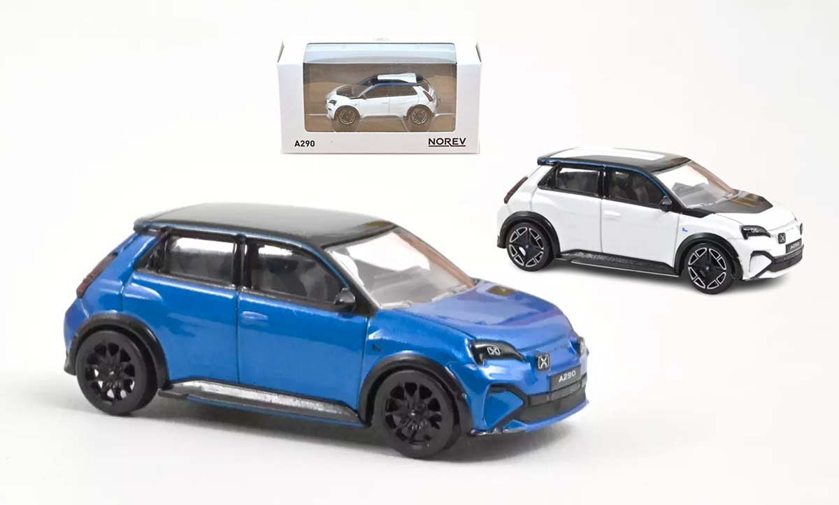 Alpine A290 de Norev à l'échelle 1/64, disponible en blanc et en bleu