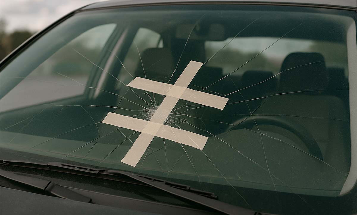 Pare-brise fissuré et réparé avec de l'adhésif