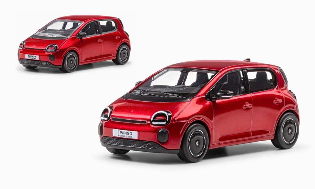 Modèle réduit de la Renault Twingo E-Tech rouge de Norev aux échelles 1/43 et 1/64