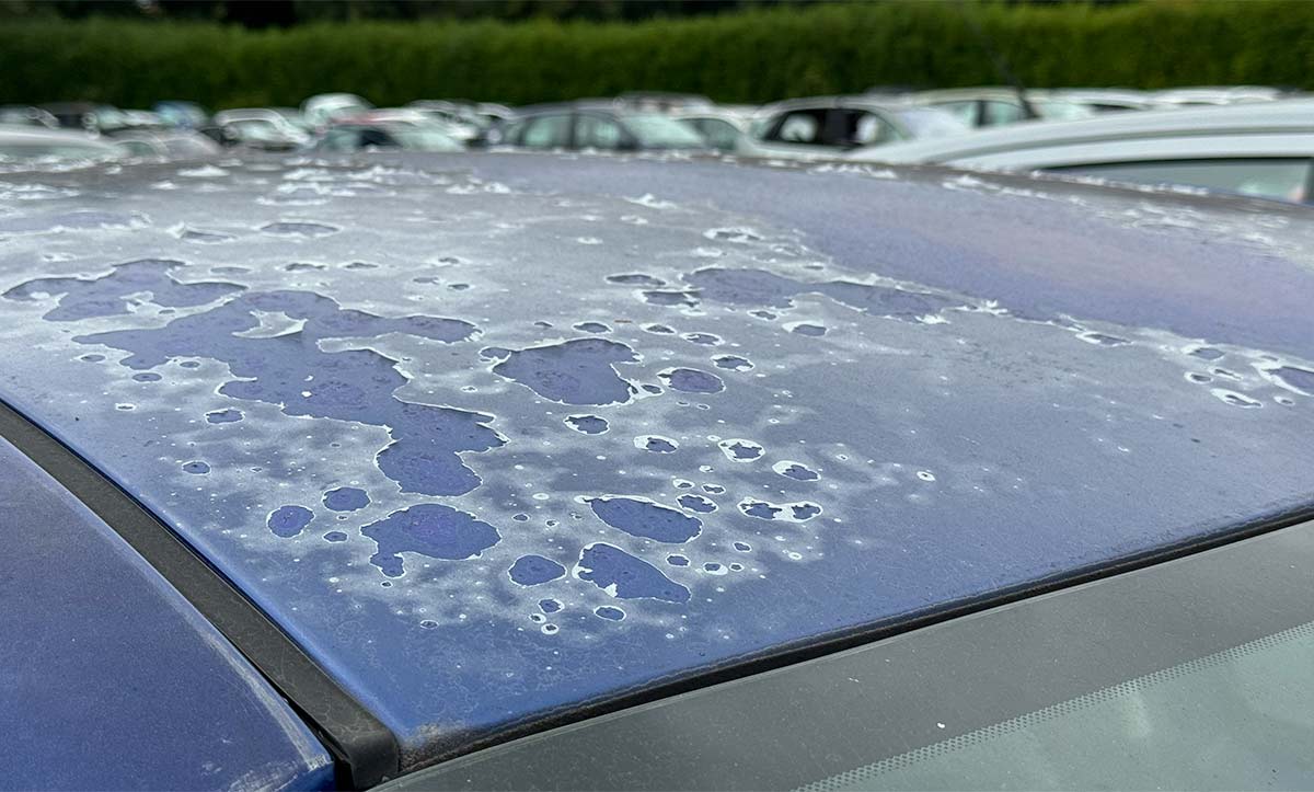 Vernis écaillé sur le toit d'une voiture bleue