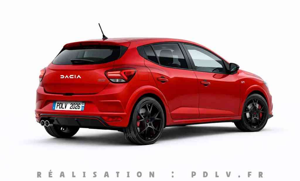 Vue 3/4 arrière de la Dacia Sandero GTI de 2026