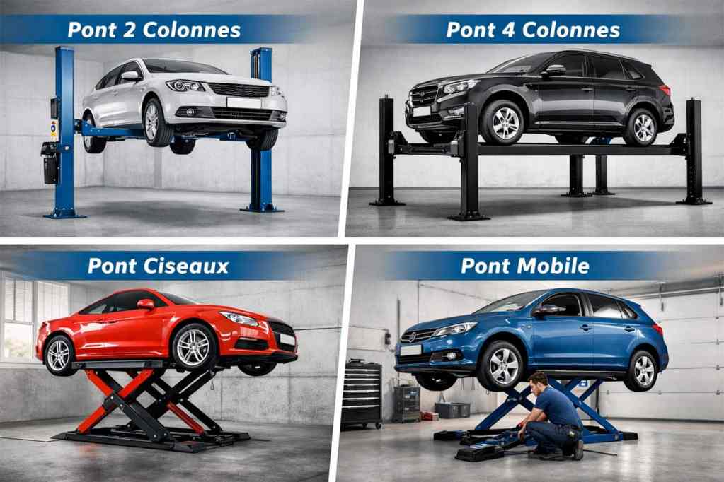 Illustration des 4 types de ponts élévateurs pour voiture : 2 colonnes, 4 colonnes, ciseaux et mobile