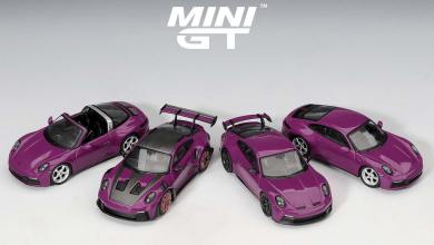 Set de quatre Porsche 911 (992) couleur Rubistone Red à l'échelle 1/64