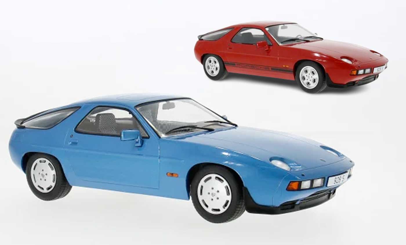Porsche 928 S de MCG à l'échelle 1/18, disponible en bleu ou en rouge