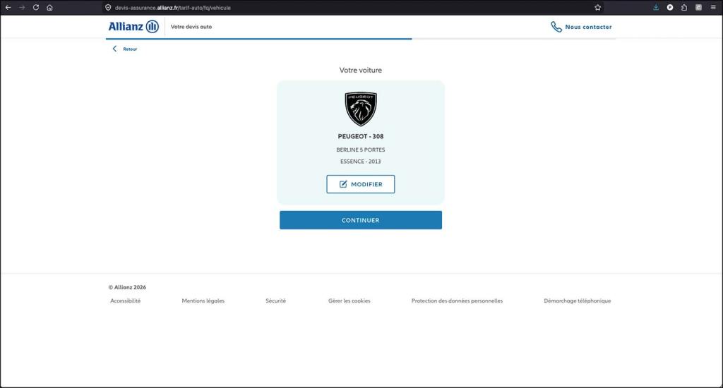 Simulation de prix d'assurance auto sur le site d'Allianz