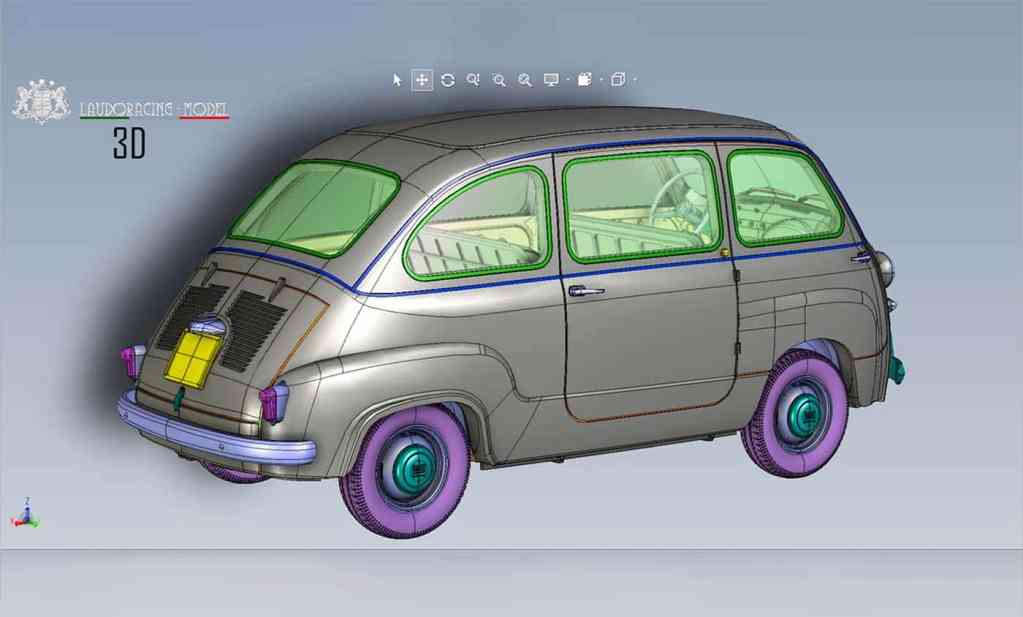 Vue arrière en 3D de la modélisation du Fiat 600 Multipla de Laudoracing à l'échelle 1/18